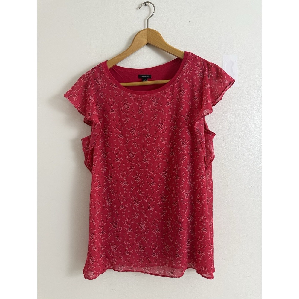 Ann Taylor Floral‎ Blouse Pink Ruffle Sleeve Chiffon Feminine Romantic Preppy